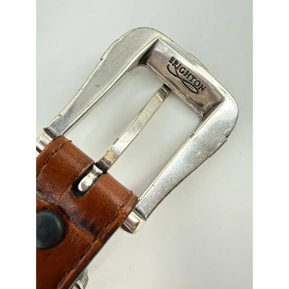 Brighton Onyx Croc Embossed Leather Belt Western Silver Buckle Brown Size 38